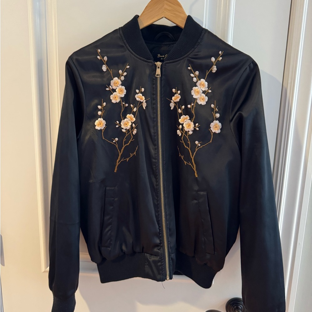 Floral Embroidered Black Bomber Jacket for women Size L